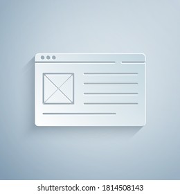 Paper cut Browser window icon isolated on grey background. Paper art style. Vector.