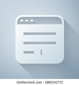 Paper cut Browser window icon isolated on grey background. Paper art style. Vector