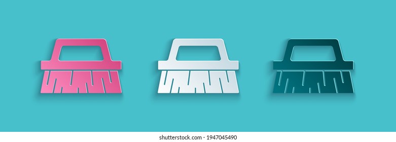 Paper cut Brush for cleaning icon isolated on blue background. Paper art style. Vector