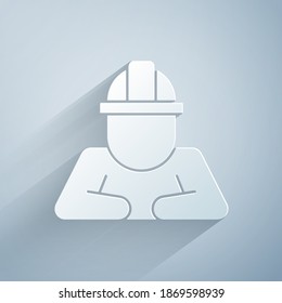 Paper cut Builder icon isolated on grey background. Construction worker. Paper art style. Vector