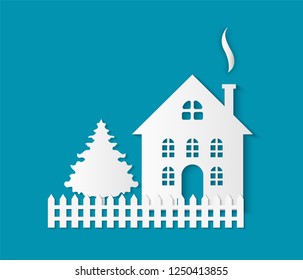 Paper cut building with door and windows, chimney pipe and fence. Vector fir tree spruce and dwelling isolated. Residential real estate building icon