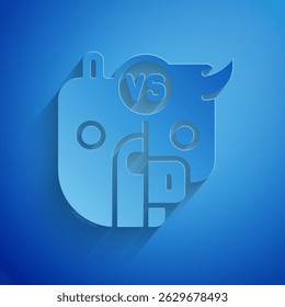 Paper cut Bull and bear symbols of stock market trends icon isolated on blue background. The growing and falling market. Wild Animals. Paper art style. Vector