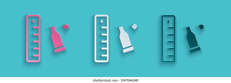 Cubierta de bala cortada en papel como prueba colocada con regla forense para icono de documentación aislado en fondo azul. Concepto de escena del crimen. Estilo de arte de papel. Vector