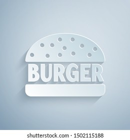 Paper cut Burger icon isolated on grey background. Hamburger icon. Cheeseburger sandwich sign. Paper art style. Vector Illustration