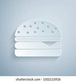 Paper cut Burger icon isolated on grey background. Hamburger icon. Cheeseburger sandwich sign. Paper art style. Vector Illustration