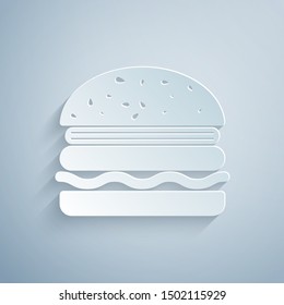 Paper cut Burger icon isolated on grey background. Hamburger icon. Cheeseburger sandwich sign. Paper art style. Vector Illustration