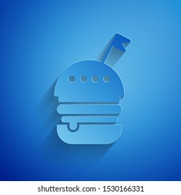 Paper cut Burger icon isolated on blue background. Hamburger icon. Cheeseburger sandwich sign. Fast food menu. Paper art style. Vector Illustration