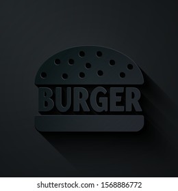 Paper cut Burger icon isolated on black background. Hamburger icon. Cheeseburger sandwich sign. Paper art style. Vector Illustration