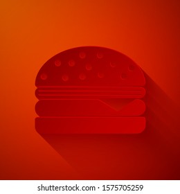 Paper cut Burger icon isolated on red background. Hamburger icon. Cheeseburger sandwich sign. Paper art style. Vector Illustration