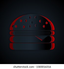 Paper cut Burger icon isolated on black background. Hamburger icon. Cheeseburger sandwich sign. Paper art style. Vector Illustration