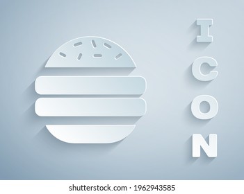 Paper cut Burger icon isolated on grey background. Hamburger icon. Cheeseburger sandwich sign. Fast food menu. Paper art style. Vector