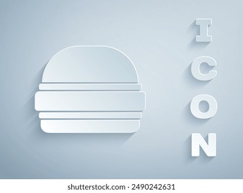 Paper cut Burger icon isolated on grey background. Hamburger icon. Cheeseburger sandwich sign. Fast food menu. Paper art style. Vector