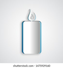 Paper cut Burning candle icon isolated on grey background. Old fashioned lit candle. Cylindrical aromatic candle stick with burning flame. Paper art style. Vector Illustration