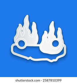Paper cut Burning car icon isolated on blue background. Car on fire. Broken auto covered with fire and smoke. Paper art style. Vector