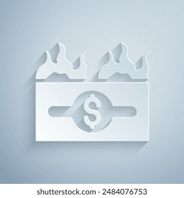 Paper cut Burning dollar bill icon isolated on grey background. Dollar bill on fire. Burning of savings. Paper art style. Vector