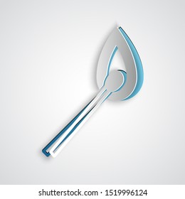 Paper cut Burning match with fire icon isolated on grey background. Match with fire. Matches sign. Paper art style. Vector Illustration