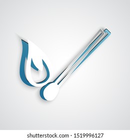 Paper cut Burning match with fire icon isolated on grey background. Match with fire. Matches sign. Paper art style. Vector Illustration