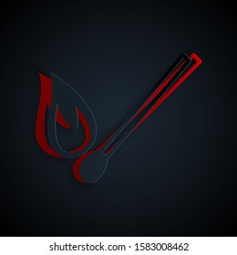 Paper cut Burning match with fire icon isolated on black background. Match with fire. Matches sign. Paper art style. Vector Illustration