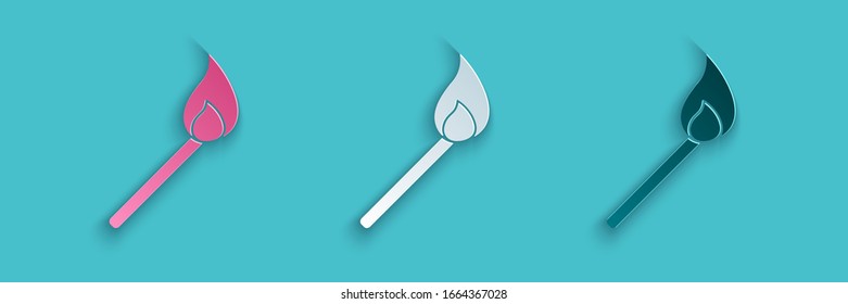 Paper cut Burning match with fire icon isolated on blue background. Match with fire. Matches sign. Paper art style. Vector Illustration