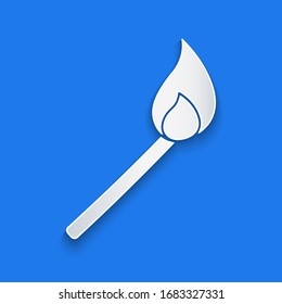 Paper cut Burning match with fire icon isolated on blue background. Match with fire. Matches sign. Paper art style. Vector Illustration