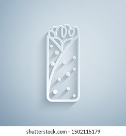 Paper cut Burrito icon isolated on grey background. Traditional mexican fast food. Paper art style. Vector Illustration