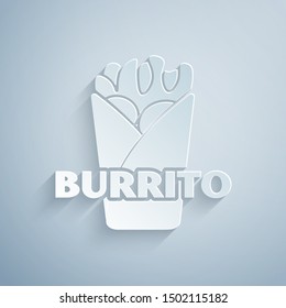 Paper cut Burrito icon isolated on grey background. Traditional mexican fast food. Paper art style. Vector Illustration