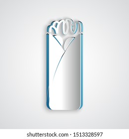 Paper cut Burrito icon isolated on grey background. Traditional mexican fast food. Paper art style. Vector Illustration