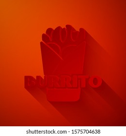 Paper cut Burrito icon isolated on red background. Traditional mexican fast food. Paper art style. Vector Illustration