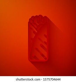 Paper cut Burrito icon isolated on red background. Traditional mexican fast food. Paper art style. Vector Illustration