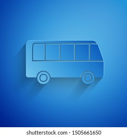 Paper cut Bus icon isolated on blue background. Transportation concept. Bus tour transport sign. Tourism or public vehicle symbol. Paper art style. Vector Illustration