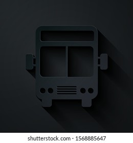 Paper cut Bus icon isolated on black background. Transportation concept. Bus tour transport sign. Tourism or public vehicle symbol. Paper art style. Vector Illustration
