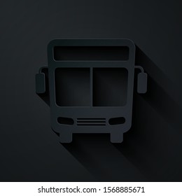 Paper cut Bus icon isolated on black background. Transportation concept. Bus tour transport sign. Tourism or public vehicle symbol. Paper art style. Vector Illustration