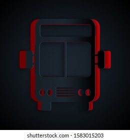 Paper cut Bus icon isolated on black background. Transportation concept. Bus tour transport sign. Tourism or public vehicle symbol. Paper art style. Vector Illustration