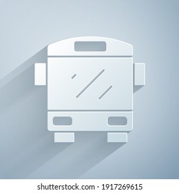 Paper cut Bus icon isolated on grey background. Transportation concept. Bus tour transport sign. Tourism or public vehicle symbol. Paper art style. Vector