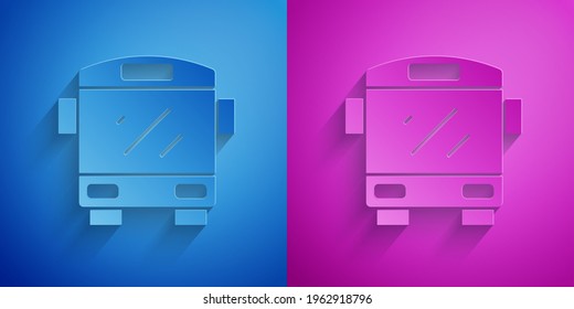 Paper cut Bus icon isolated on blue and purple background. Transportation concept. Bus tour transport sign. Tourism or public vehicle symbol. Paper art style. Vector