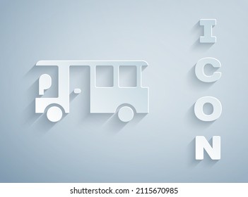 Paper cut Bus icon isolated on grey background. Transportation concept. Bus tour transport sign. Tourism or public vehicle symbol. Paper art style. Vector