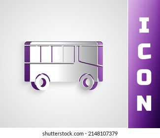 Paper cut Bus icon isolated on grey background. Transportation concept. Bus tour transport sign. Tourism or public vehicle symbol. Paper art style. Vector