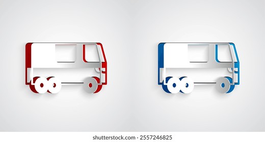 Paper cut Bus icon isolated on grey background. Transportation concept. Bus tour transport. Tourism or public vehicle symbol. Paper art style. Vector