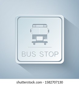 Paper cut Bus stop icon isolated on grey background. Paper art style. Vector Illustration