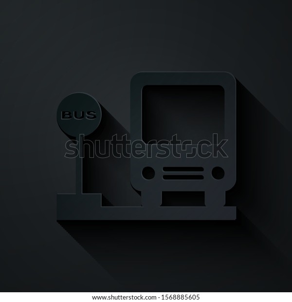 Paper cut Bus stop\
icon isolated on black background. Transportation concept. Bus tour\
transport sign. Tourism or public vehicle symbol. Paper art style.\
Vector Illustration