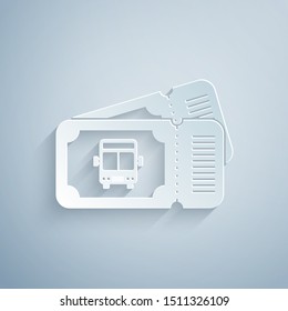Paper cut Bus ticket icon isolated on grey background. Public transport ticket. Paper art style. Vector Illustration