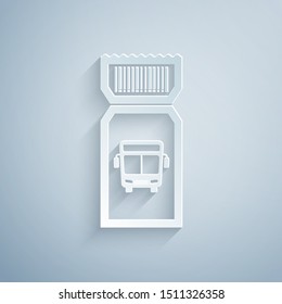 Paper cut Bus ticket icon isolated on grey background. Public transport ticket. Paper art style. Vector Illustration