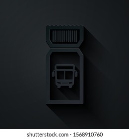 Paper cut Bus ticket icon isolated on black background. Public transport ticket. Paper art style. Vector Illustration