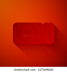 Paper cut Bus ticket icon isolated on red background. Public transport ticket. Paper art style. Vector Illustration
