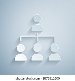 Paper cut Business hierarchy organogram chart infographics icon isolated on grey background. Corporate organizational structure graphic elements. Paper art style. Vector.