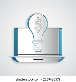Paper cut Business light bulb with dollar on laptop screen icon isolated on grey background. User touch screen. Paper art style. Vector