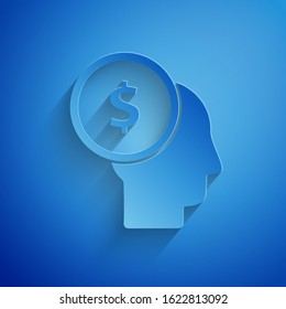 Paper cut Business man planning mind icon isolated on blue background. Human head with dollar. Idea to earn money. Business investment growth. Paper art style. Vector Illustration