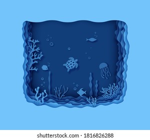 Paper cut butterfly fish, seahorse, moonfish, turtle, crab, octopus. Paper craft layered background under ocean cave with fishes coral reef seabed in algae waves. Vector sea marine life concept.