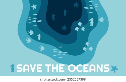 Paper cut butterfly fish, seahorse, moonfish. Paper craft layered background under ocean cave with fishes coral reef seabed in algae waves. Vector sea marine life concept.