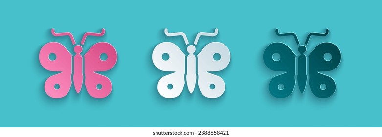 Paper cut Butterfly icon isolated on blue background. Paper art style. Vector
